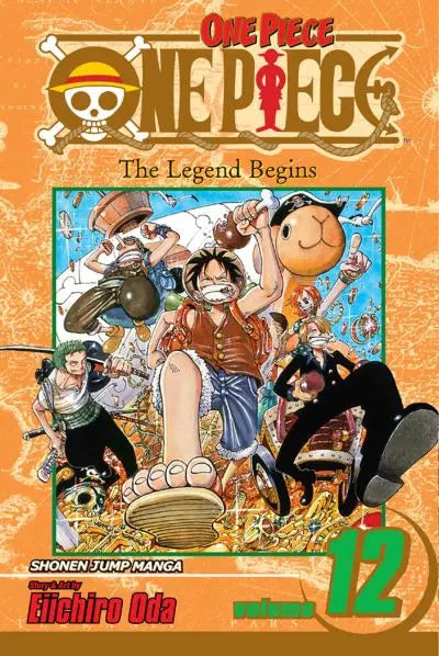 one piece volume 12 cover with luffy and his friends running forwards