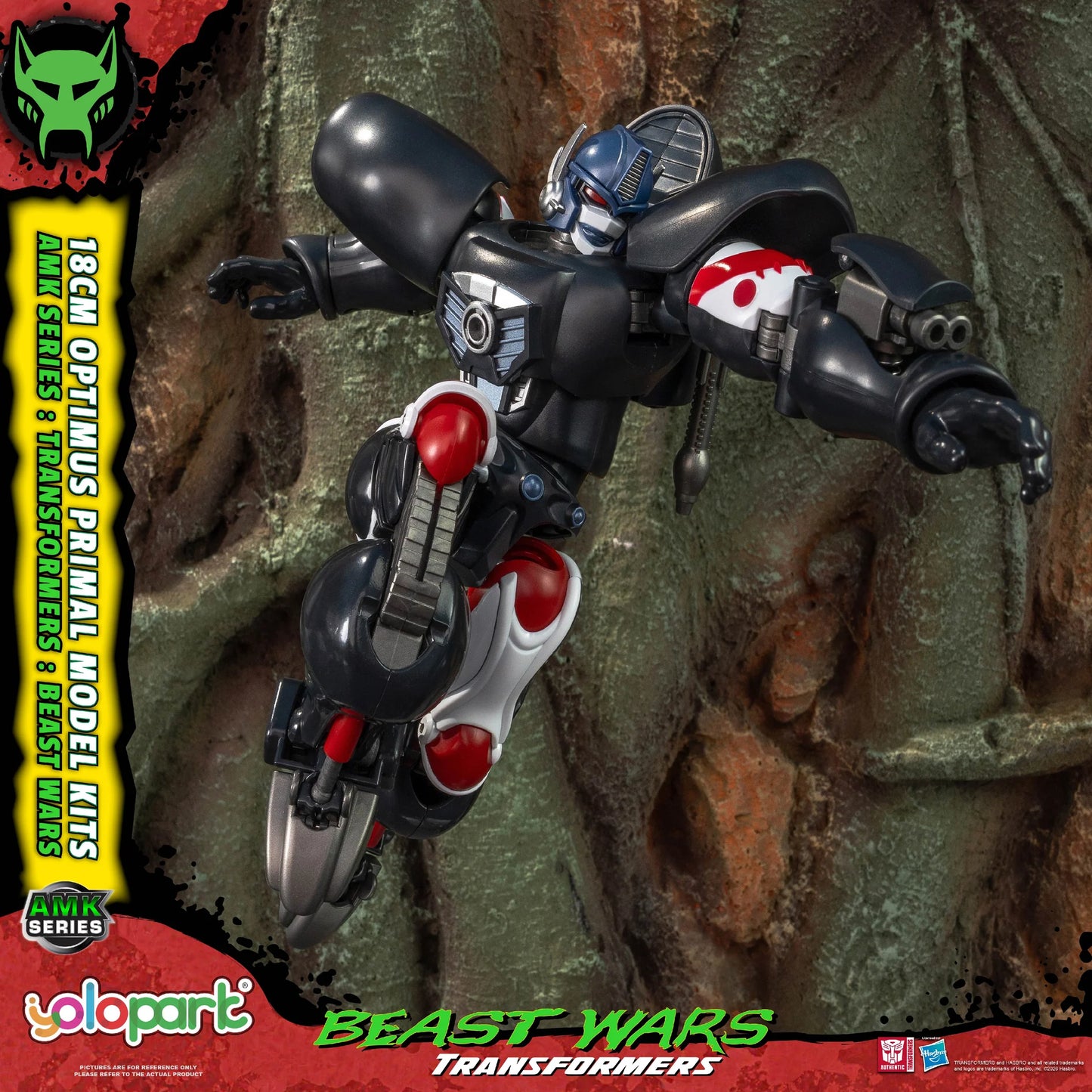 YoloPart Beast Wars Transformers Optimus Prime 1/64 scale action figure mounted on a motorcycle, posed against a rocky, forest-like backdrop. The figure is primarily black with red and white accents, and the image includes promotional text and logos for YoloPart and Beast Wars Transformers.