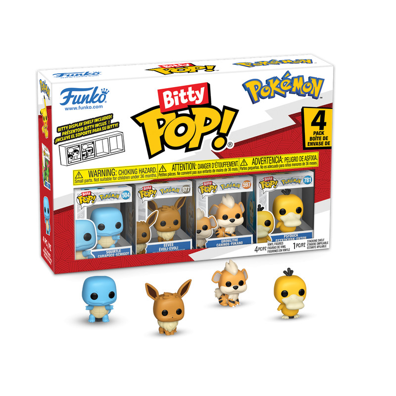 Pokémon Bitty Pop! figurine set packaging with four individual figures displayed in front.