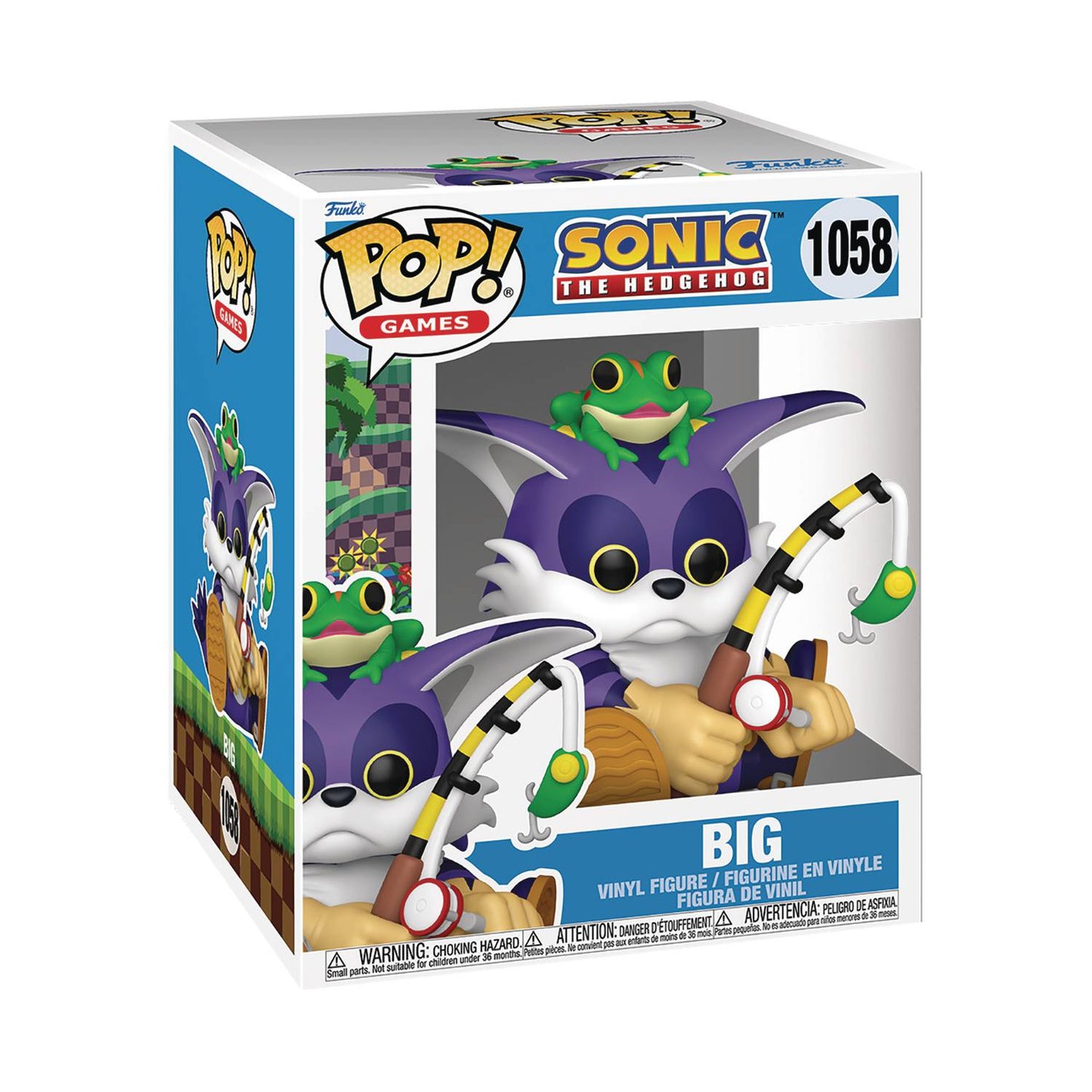 A Funko POP! vinyl figure of Big the Cat from Sonic the Hedgehog, number 1058, in window box packaging.
