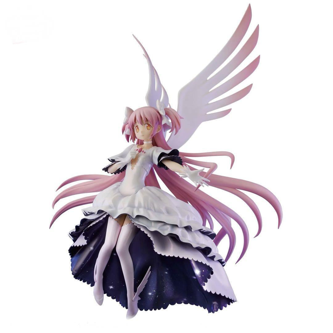 Anime character figurine with pink hair, white and purple dress, and large wings on a white background