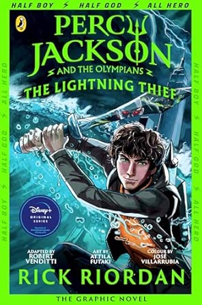 Percy Jackson and the lightning thief cover showing Percy Jackson holding a sward with a man with red eyes in the reflection of the sword underwater