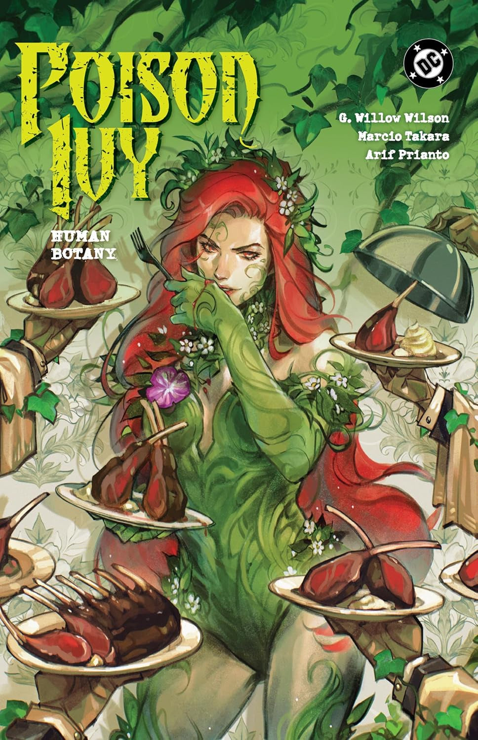 Comic book cover of 'Poison Ivy' with a character at a table with food and greenery.