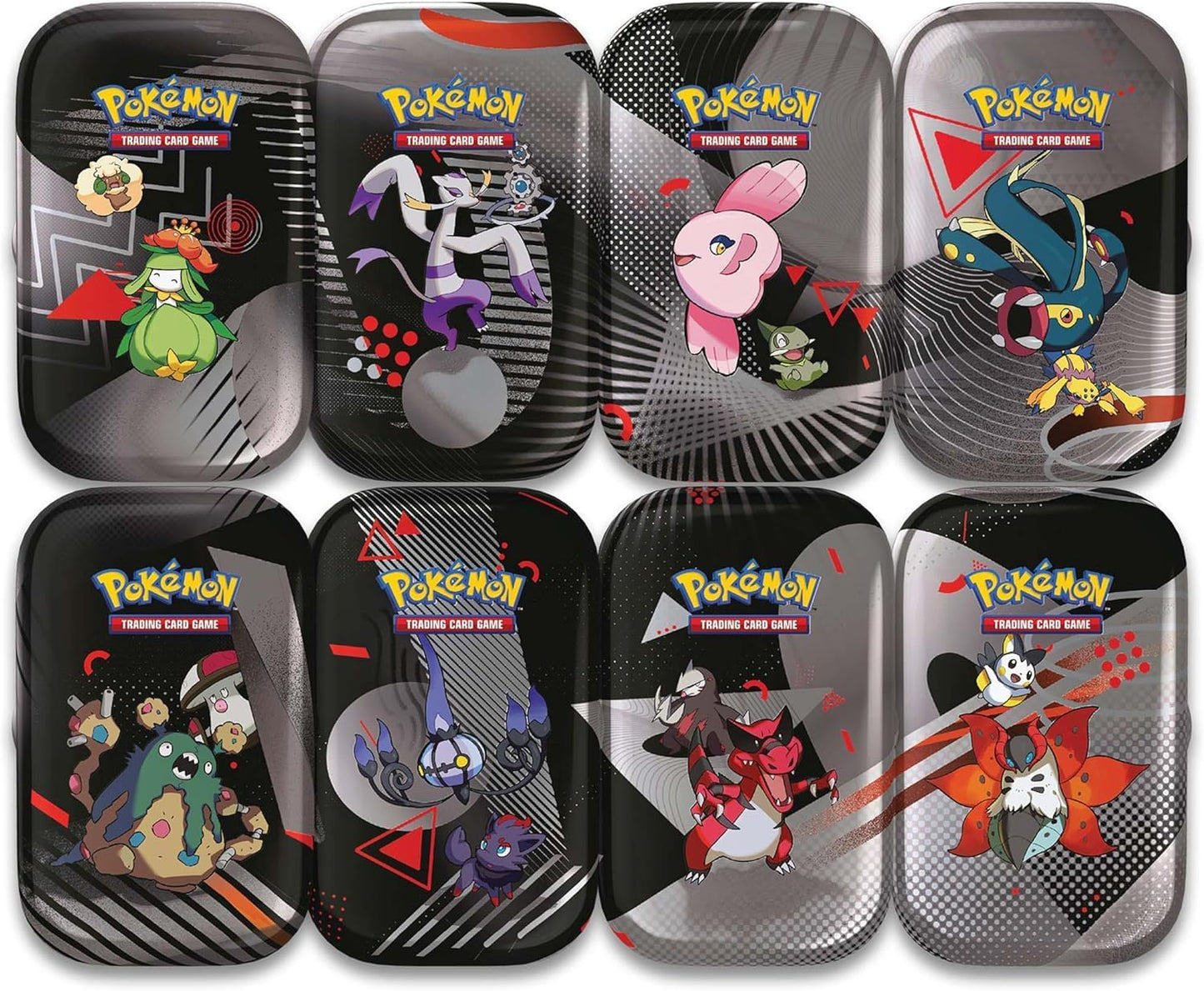 Set of eight Pokémon trading card game tins with various characters on a black background.