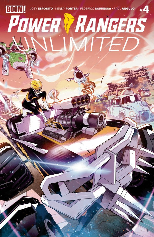 Comic book cover for Power Rangers Unlimited issue #4, featuring illustrated characters in a sci-fi city scene with vehicles and large title text at the top.