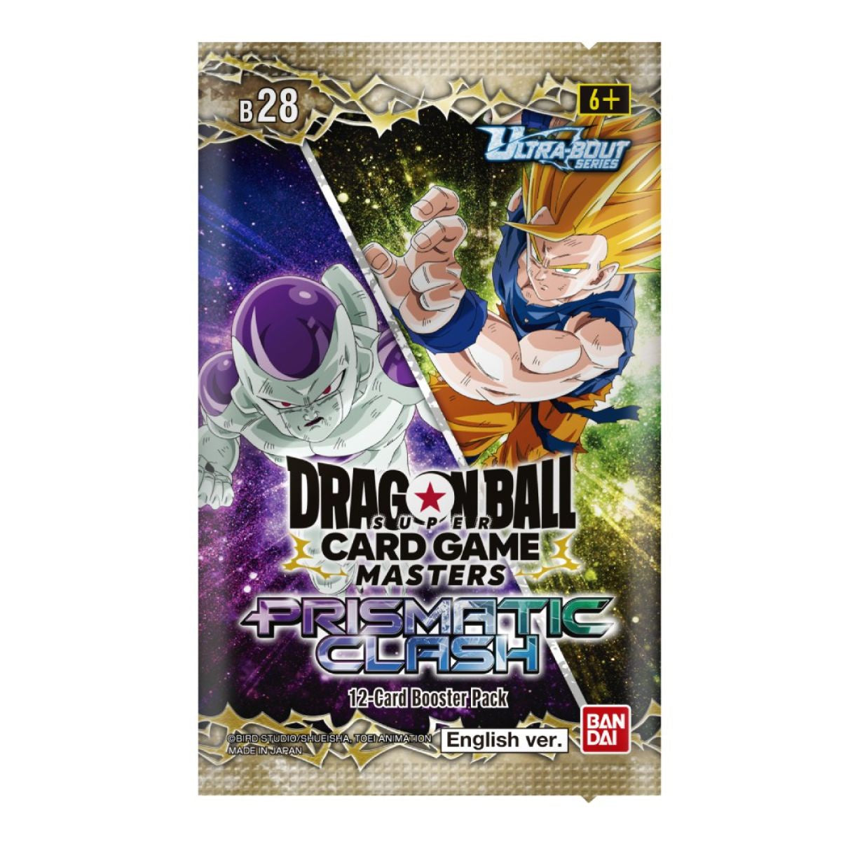 Dragon Ball Super Card Game Masters Prismatic Clash booster pack with characters on a white background
