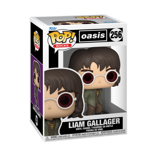 A Funko Pop! vinyl figure of Liam Gallagher from the band Oasis, packaged in a window display box.