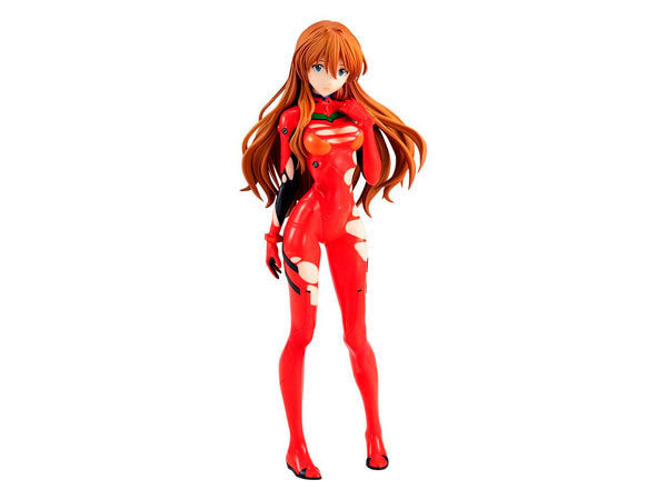 A figurine of Asuka Langley from the anime Rebuild of Evangelion, featuring a vibrant red outfit with green and white accents, standing on two legs.