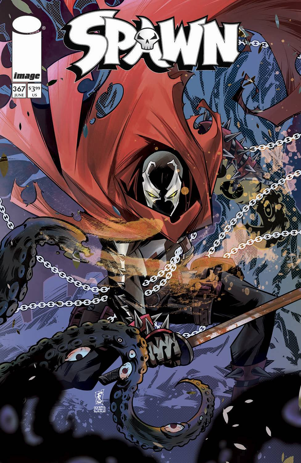 Comic book cover featuring a character in a red hood and chains with 'Spawn' branding.
