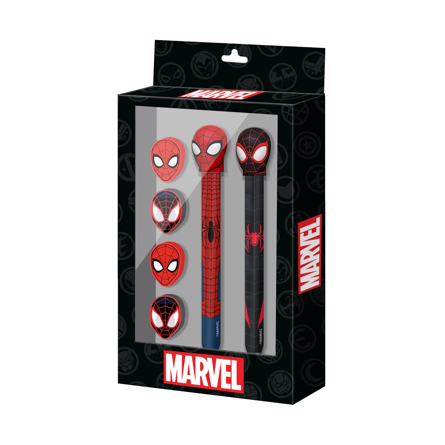Marvel Spider-Man themed product packaging with red and black design on a white background