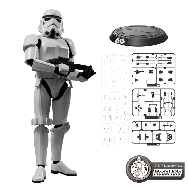 Star Wars Stormtrooper model kit display showing a assembled white stormtrooper figure holding a black blaster, alongside a black display base, clear plastic parts, and printed assembly sheets on a white background. A Model Kits logo is visible in the bottom right corner.