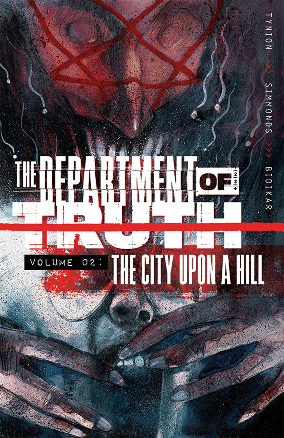 Cover of 'The Department of Truth (Trade Paperback) Vol. 02', depicting a character with a gun, surrounded by graphical elements like stars and a title logo.