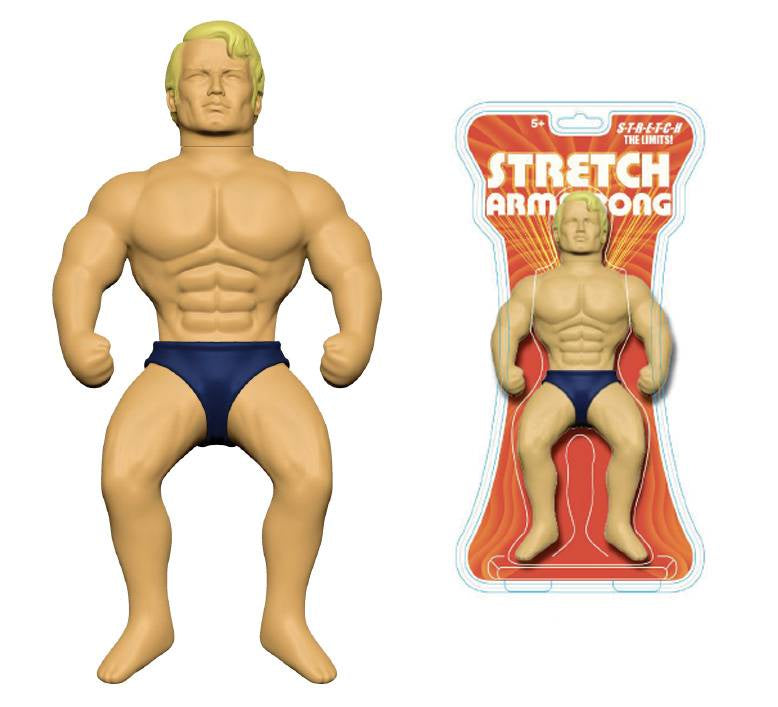 Vintage-style Stretch Armstrong action figure with packaging on a white background