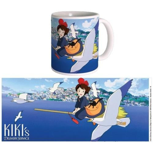 Mug with Kiki's Delivery Service design featuring a character on a broomstick with a cat and seagulls.