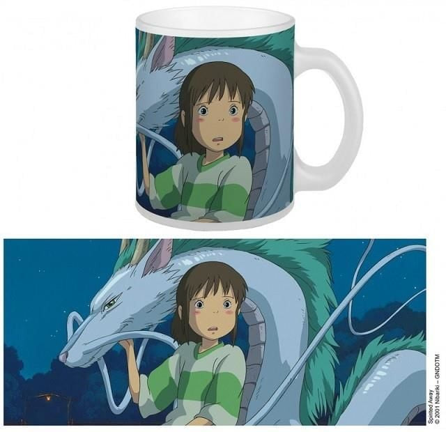 Mug with an illustration of a girl and a dragon from Studio Ghibli on a white background
