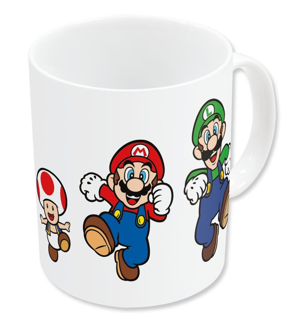 White mug with Super Mario and Luigi graphics on a white background