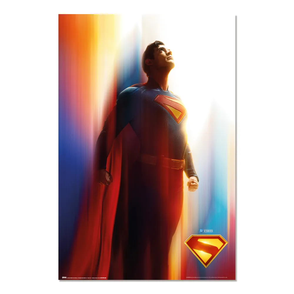 Superman character in a superhero pose with a colorful background