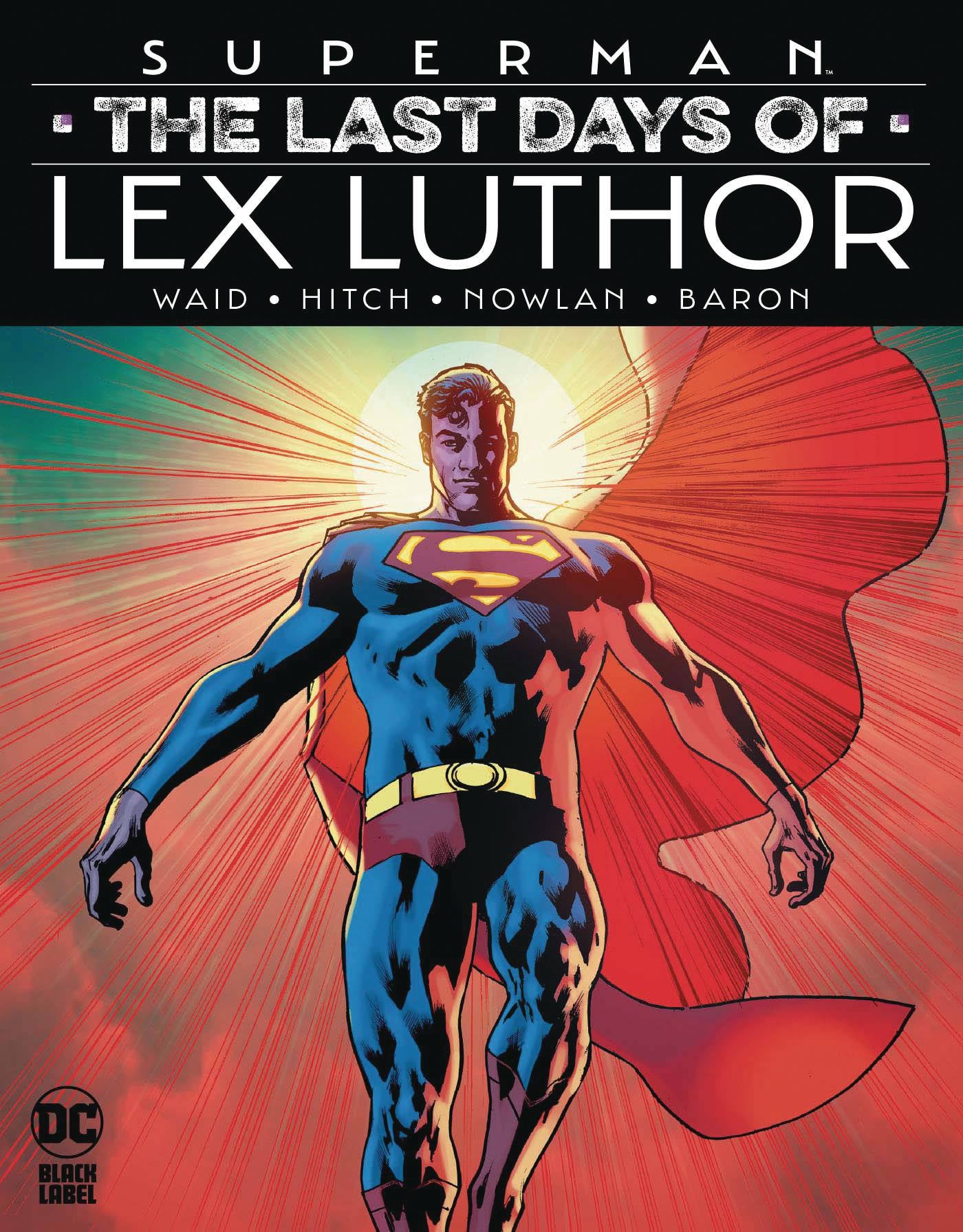 Superman comic book cover with red cape and blue suit on a red and blue background