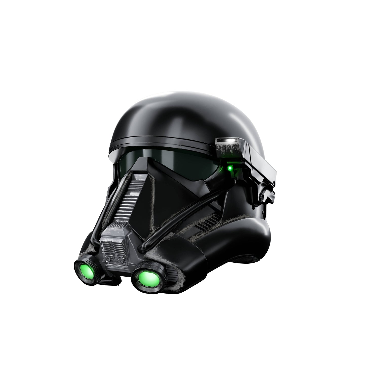 Star Wars: Death Trooper Andor Helmet.Black stormtrooper helmet with green lights on a white background