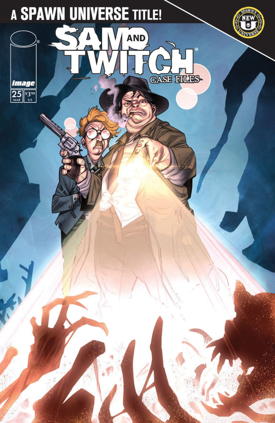 Comic book cover featuring two characters with a gun and a glowing object, titled 'Sam & Twitch Case Files'.