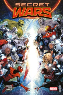Comic book cover for Marvel's Secret Wars, featuring a dynamic group illustration of Spider-Man, Hulk, Iron Man, Captain America, Thor, and other Marvel superheroes surrounding a bright central explosion, with the title 'SECRET WARS' in large red and yellow letters at the top.