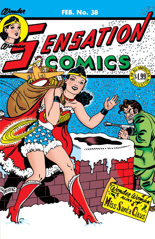 Comic book cover of 'Sensation Comics' featuring Wonder Woman and a man in a green suit.