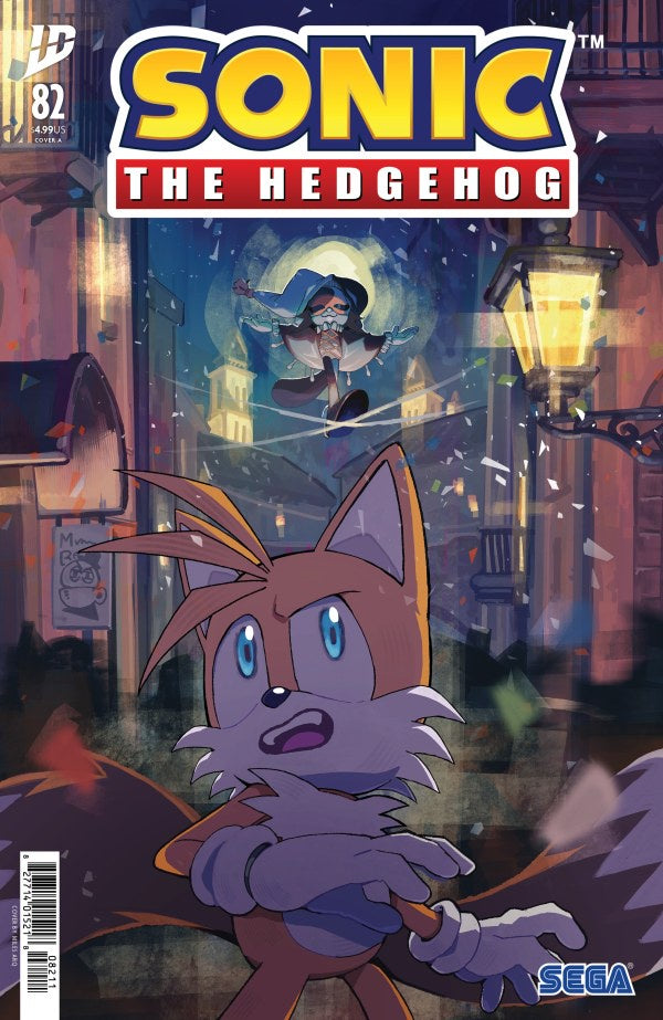 Comic book cover featuring Sonic the Hedgehog with a character in the background