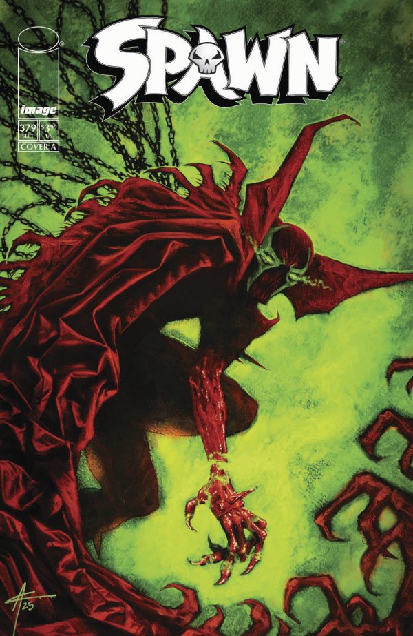 Spawn comic book cover featuring the character Spawn reaching down with a clawed hand against a green background with red tentacles and the large white Spawn logo at the top.