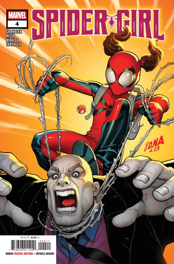 Comic book cover featuring Spider-Girl in action against a villain with a bright orange background.