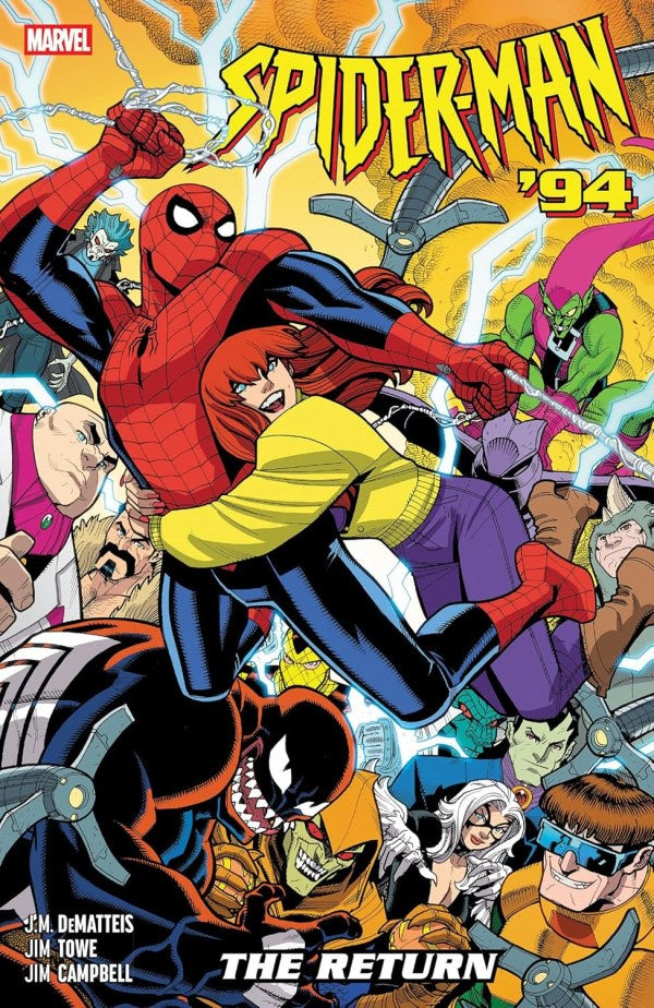 Comic book cover featuring Spider-Man and other characters with vibrant colors and dynamic poses.