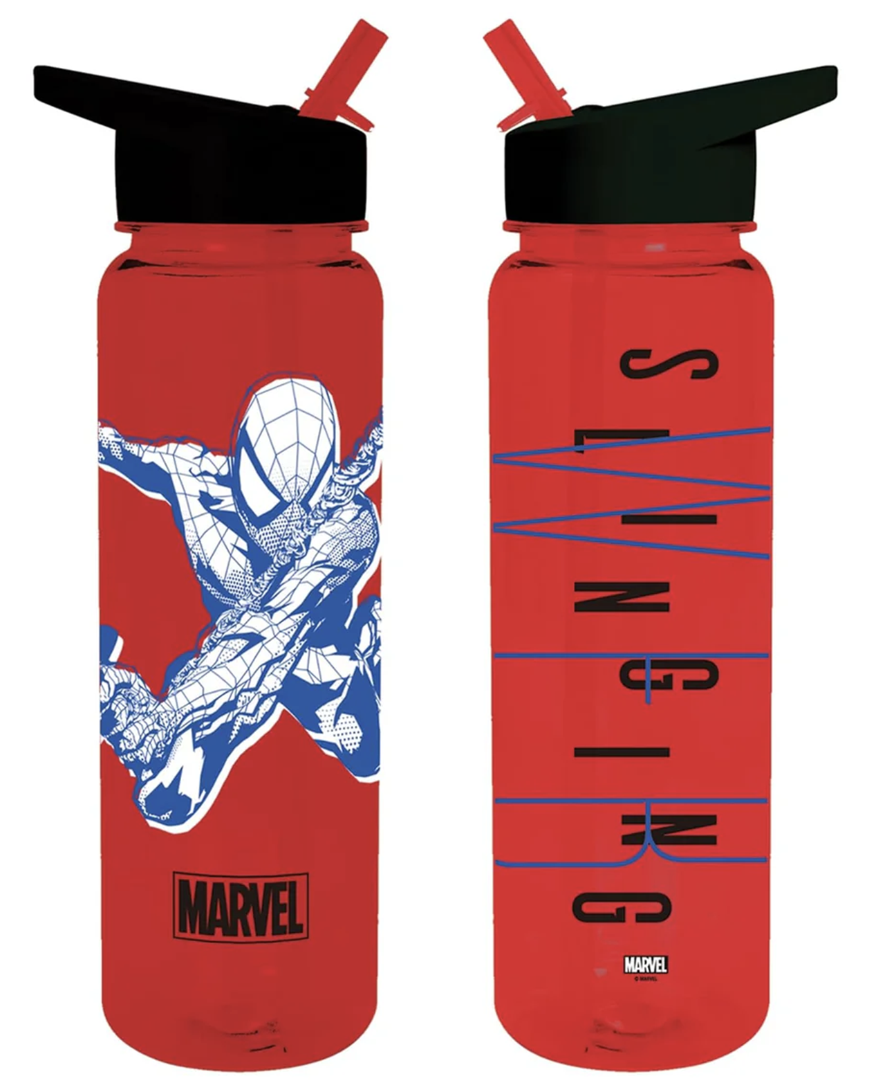 Two red Marvel Slinging water bottles with black lids and red straws, shown front and back. The front bottle features Spider-Man in blue and white, and the back bottle features the word 'SLINGING' in black outlined letters with blue web-line graphics.