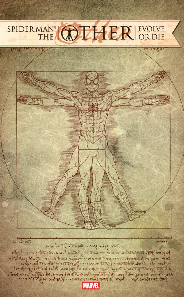Comic book cover featuring Spider-Man in a Vitruvian Man-style diagram with Marvel logo.