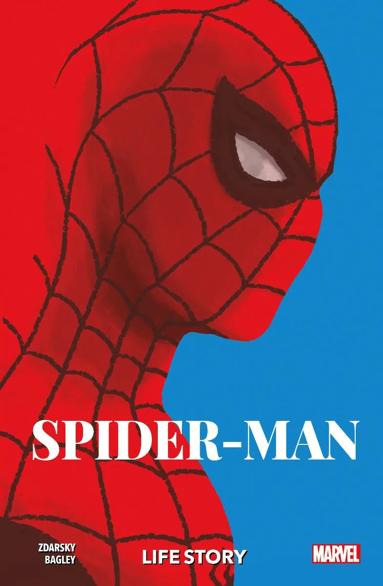 Cover of the graphic novel 'Spider-Man: Life Story' featuring an illustration of Spider-Man with a red and blue costume against a blue background.