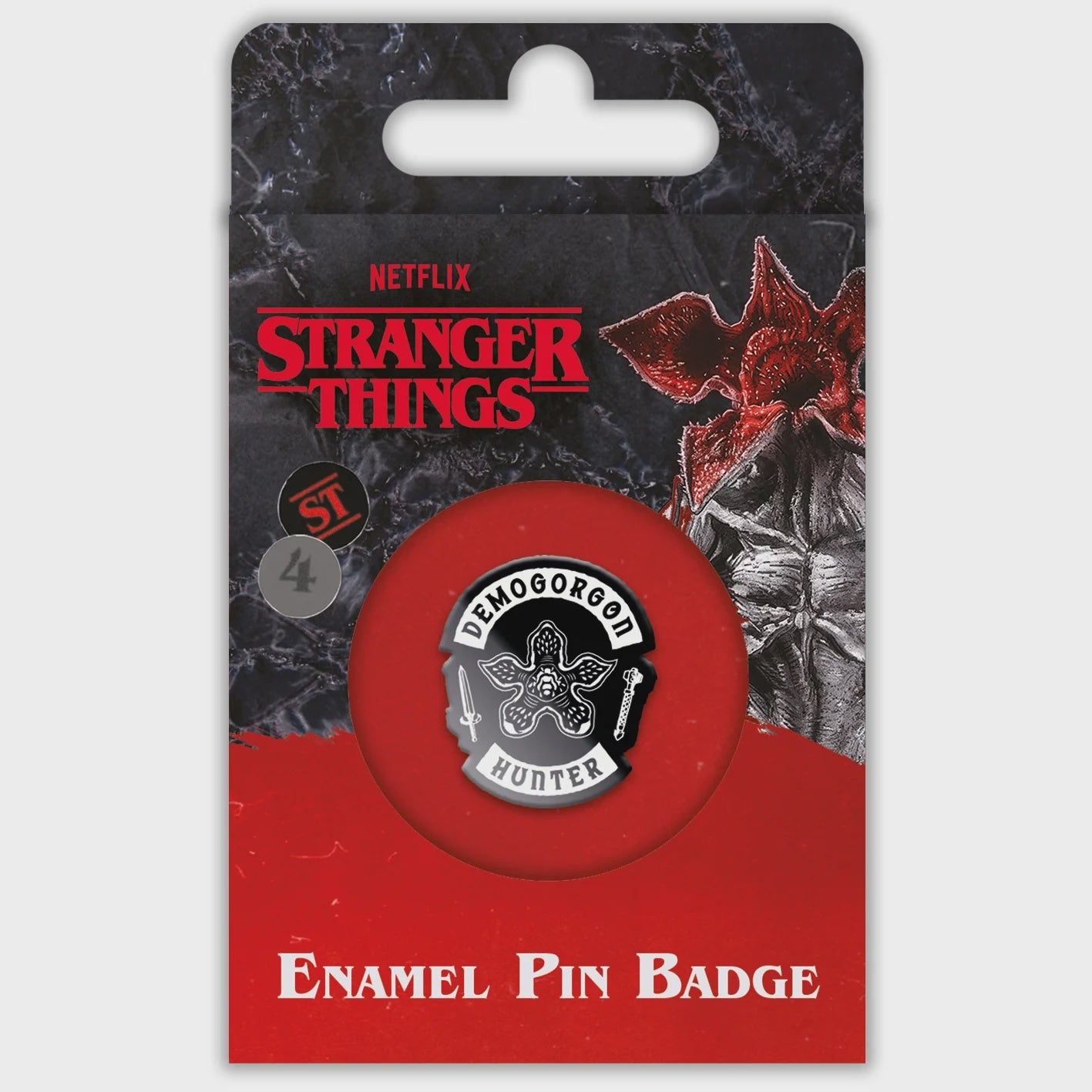 Enamel pin badge from 'Stranger Things' on a packaging card with Netflix logo.