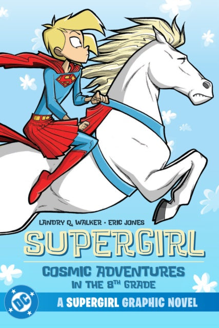 Supergirl riding a horse on a blue background with snowflakes, featuring the DC Comics logo.
