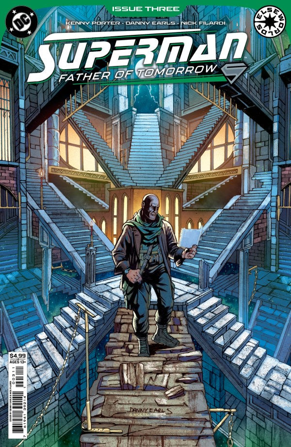 Comic book cover of 'Superman: Father of Tomorrow' with a character walking through a futuristic city.