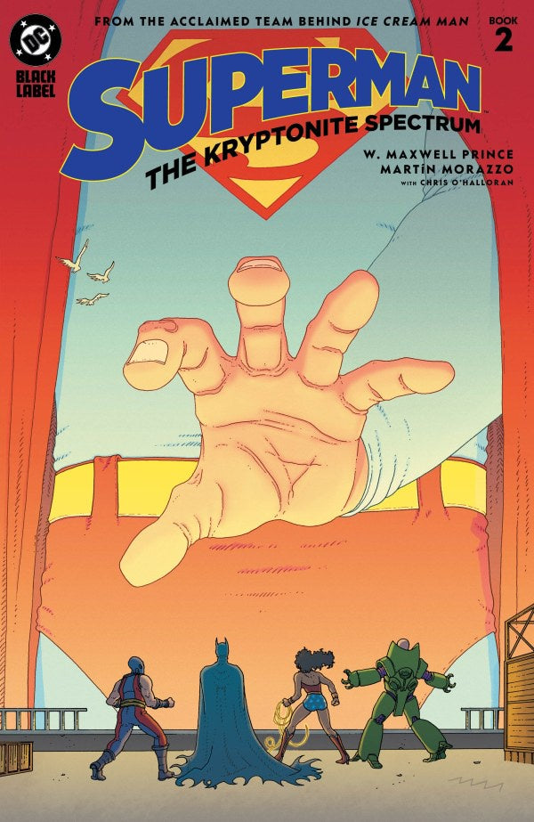 Comic book cover of Superman featuring a large hand holding a Kryptonite spectrum, with characters below.