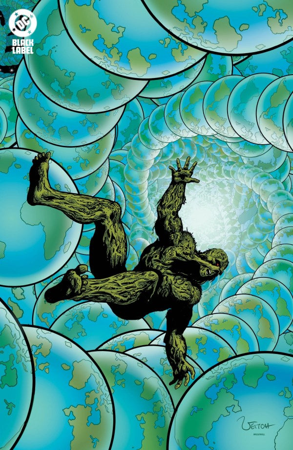 Comic book cover with a creature falling through a tunnel of blue and green spheres.