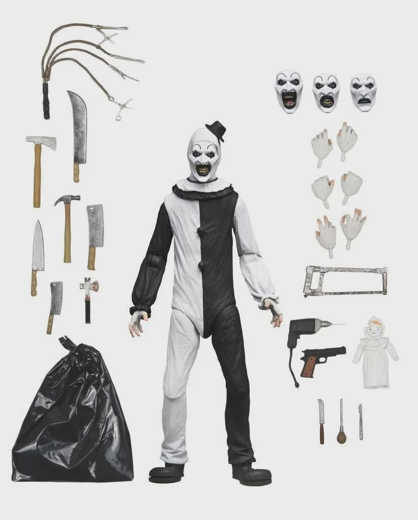 Halloween costume set with clown outfit, masks, weapons, and tools on a white background