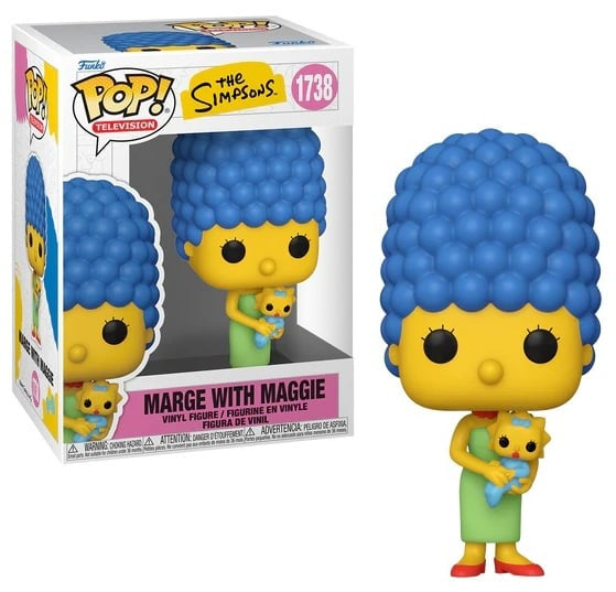 Funko Pop! vinyl figure of Marge Simpson with blue hair and Maggie in her arms, next to its packaging.