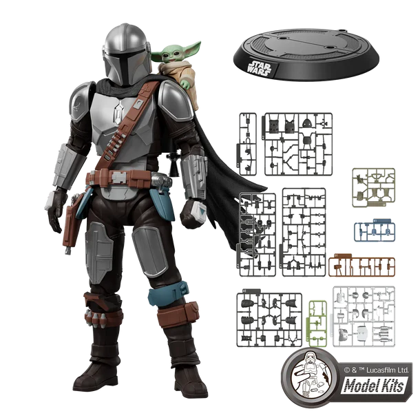 Action figure of a character from 'The Mandalorian' with a model kit set on a white background.