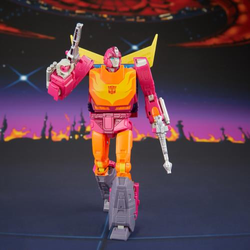 "It's time to celebrate the 40th anniversary of Transformers: The Movie with the Transformers Studio Series MTMTE Collection Autobot Hot Rod figure. The 5.5-inch figure converts from robot to car mode in 29 steps. With movie-inspired details, excellent articulation, and a fishing rod, lightsaber, and shield, this Autobot Hot Rod figure is a great addition to any collection. There are other collectible Transformers toys (sold separately, subject to availability) featuring everyone's favorites, Optimus Prime,
