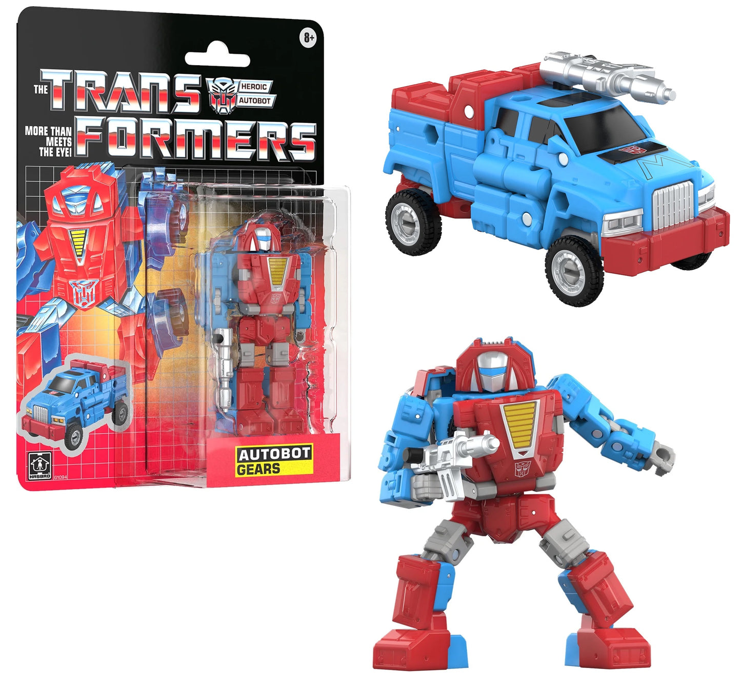 TRANSFORMERS G1 RETRO GEARS AF Transformers toy figure with packaging on a white background