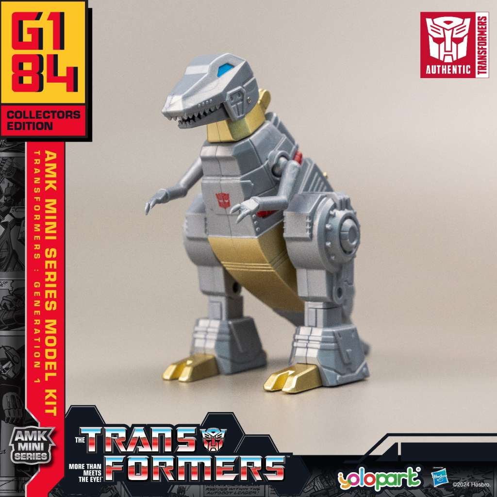 Transformers toy figure with branding and packaging elements on a neutral background