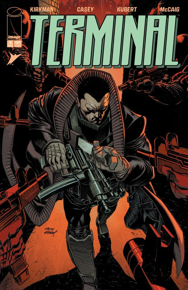 Comic book cover for Terminal #1, featuring illustrated cover art with the title 'TERMINAL' in large light green letters at the top and a central character in dark clothing holding a rifle, surrounded by armed figures in a dramatic orange and black scene.