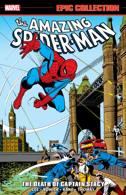 Comic book cover featuring Spider-Man in action with a cityscape background
