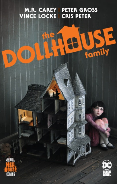 Book cover of 'The Dollhouse Family' with a dollhouse and a person sitting on the ground.