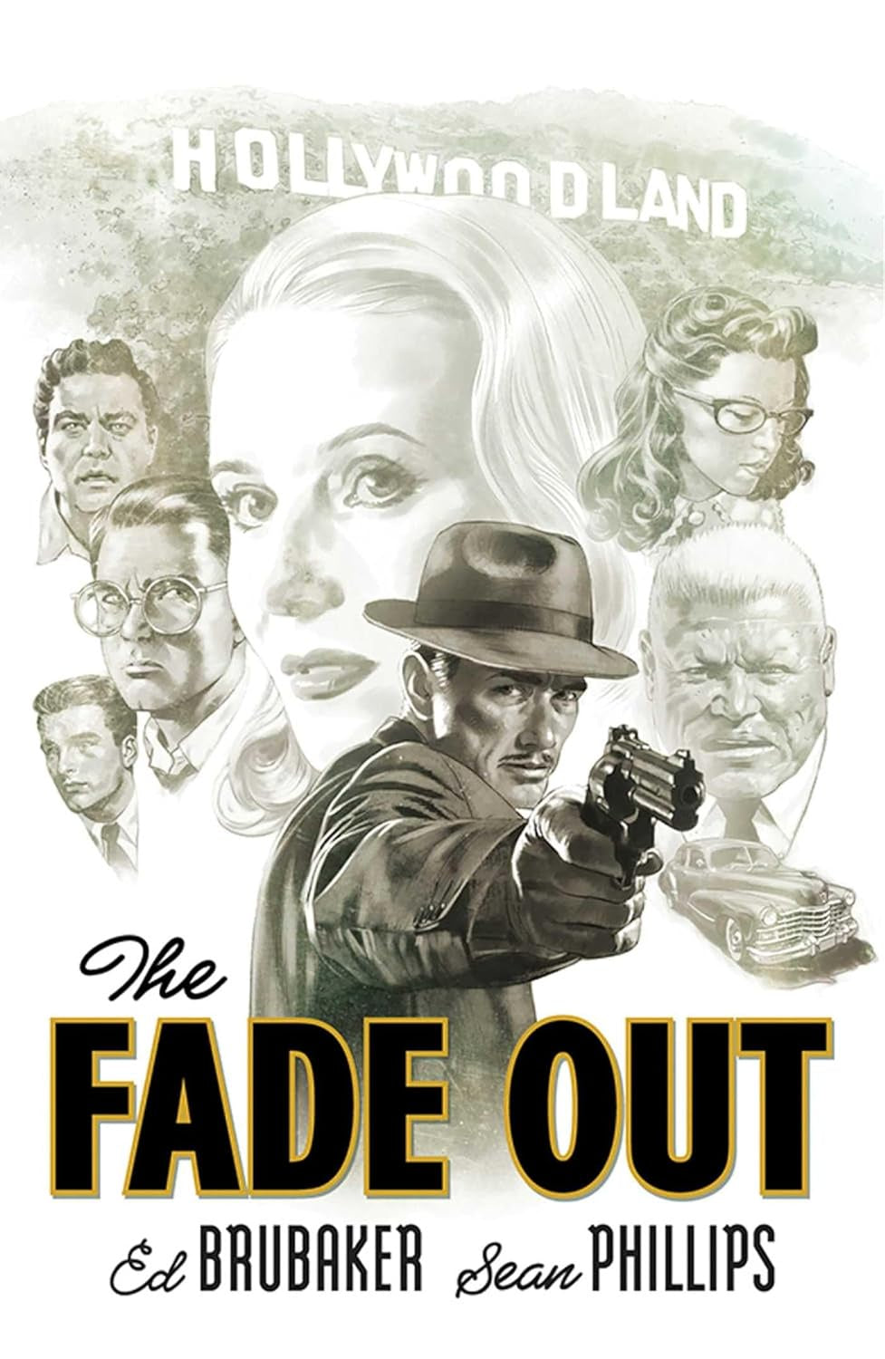 Book cover of 'The Fade Out' featuring a detective and vintage-style illustrations.