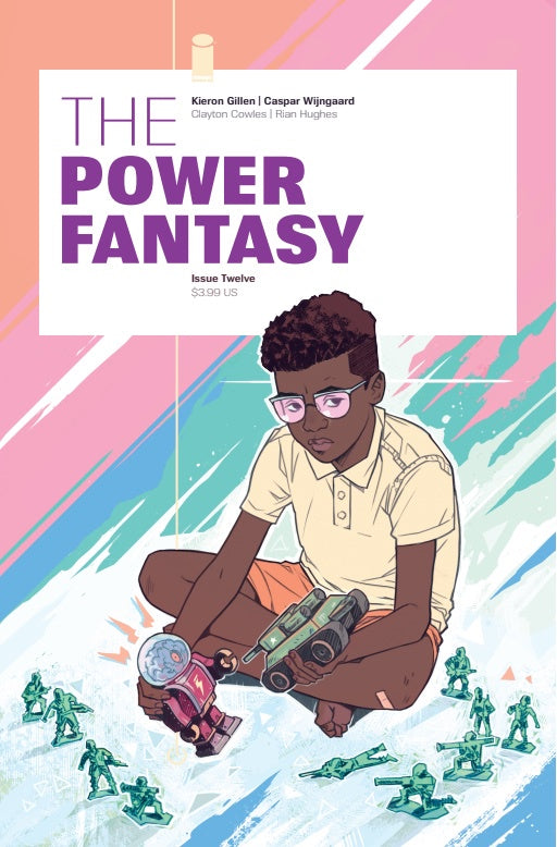 Book cover of 'The Power Fantasy' with a character holding toy cars against a colorful background.