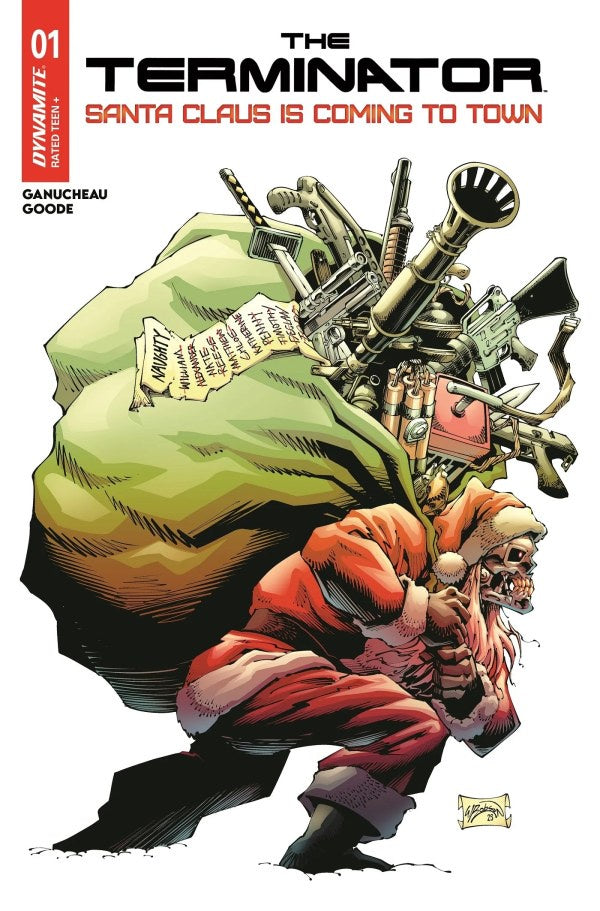 Comic book cover featuring a robot disguised as Santa Claus with text 'The Terminator: Santa Claus is Coming to Town'.